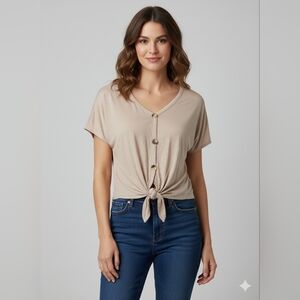 Pinc Taupe Button-Front Tie Short Sleeve Tee